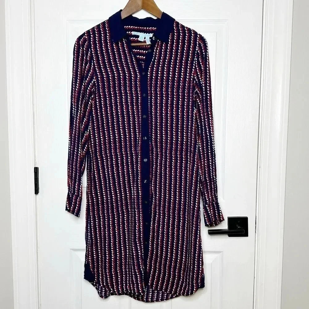 DRAPER JAMES‎ Long Sleeve Shirt Dress Navy Red Heart Print Size 6 Preppy